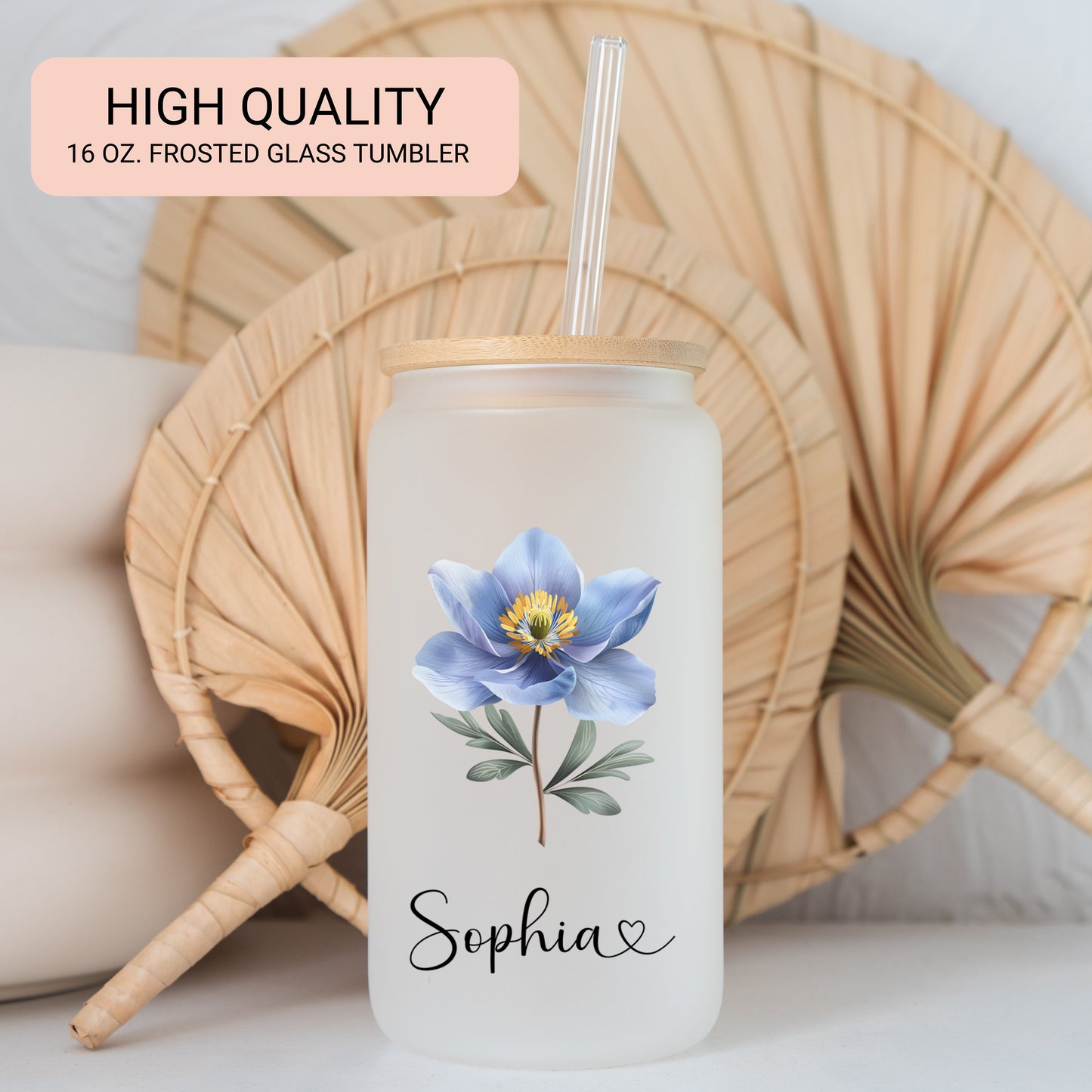 Personalized Wildflower Frosted Glass Cup - Custom Iced Coffee Tumbler