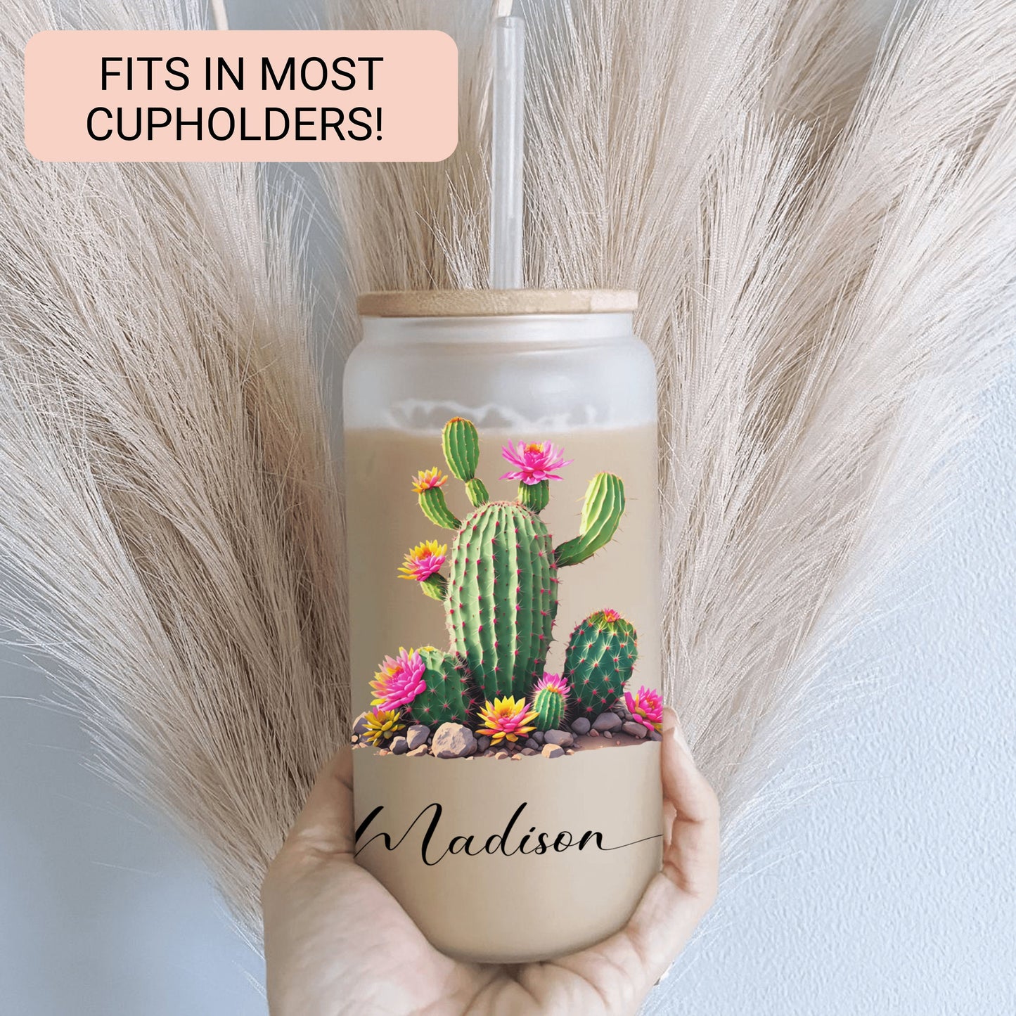 Personalized Cactus Frosted Glass Cup - Custom Tumbler for Iced Coffee Lovers