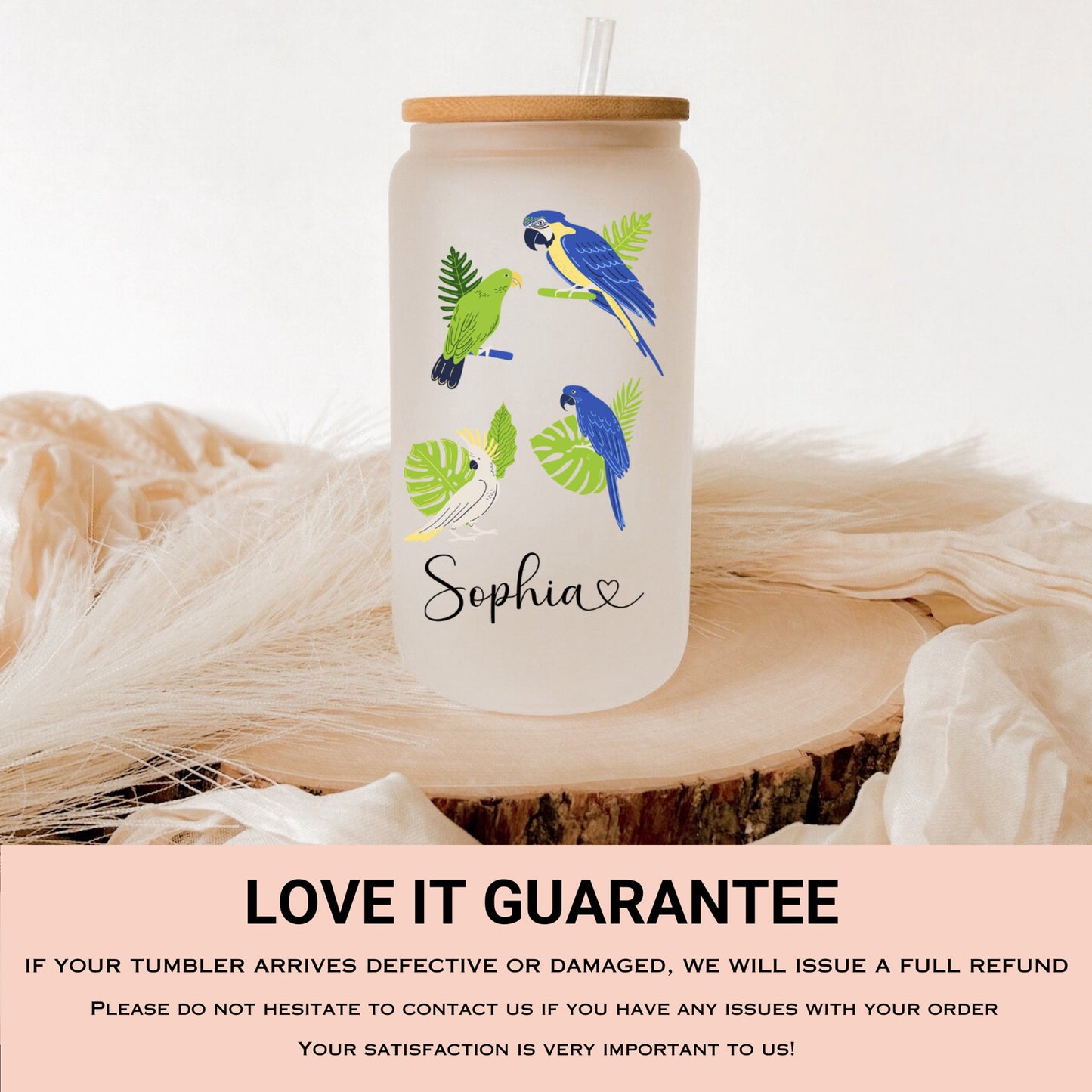 Personalized Parrot Frosted Glass Tumbler - Custom Tropical Iced Coffee Cup for Bird Lovers