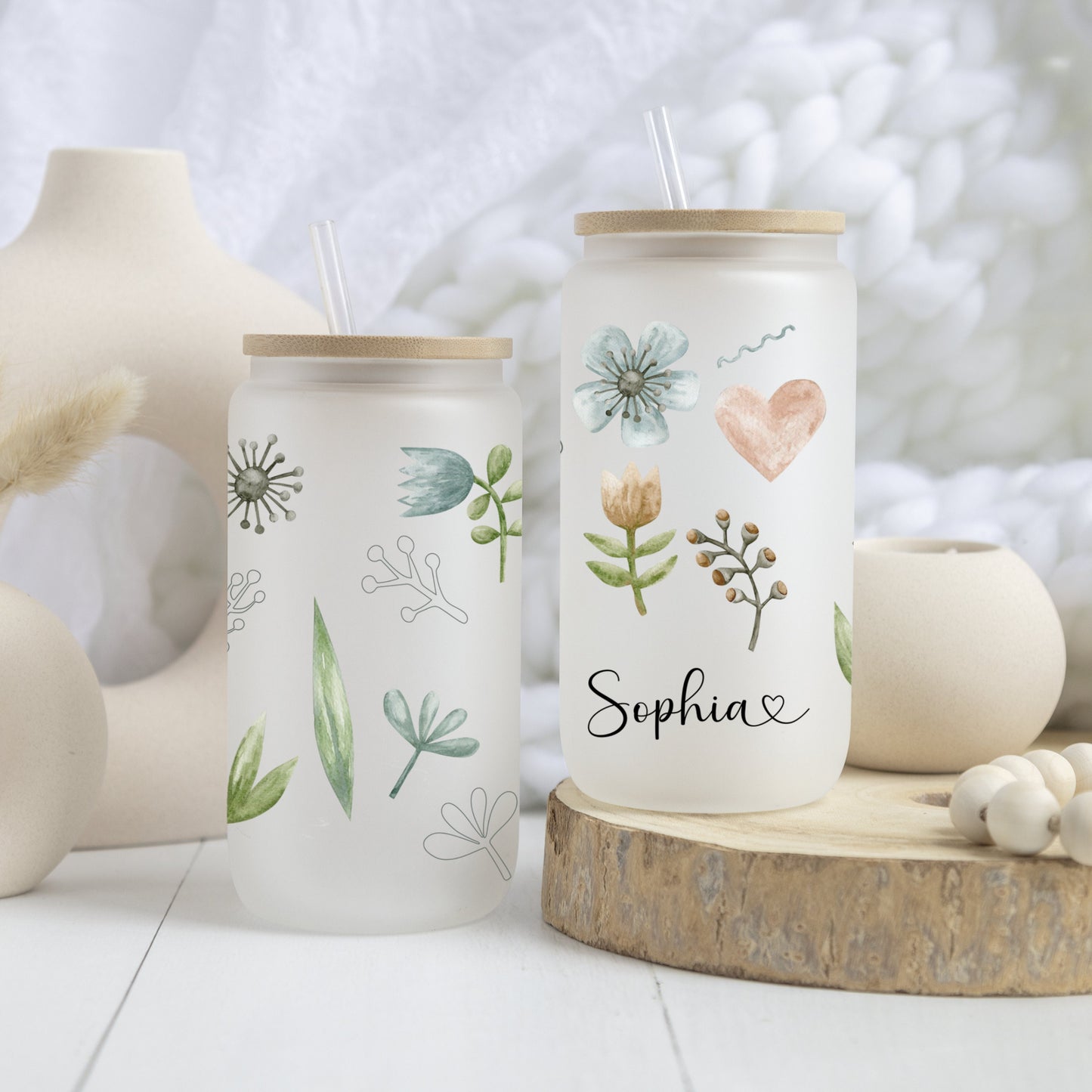 Custom Modern Floral Frosted Glass Tumbler - Stylish Iced Coffee Cup
