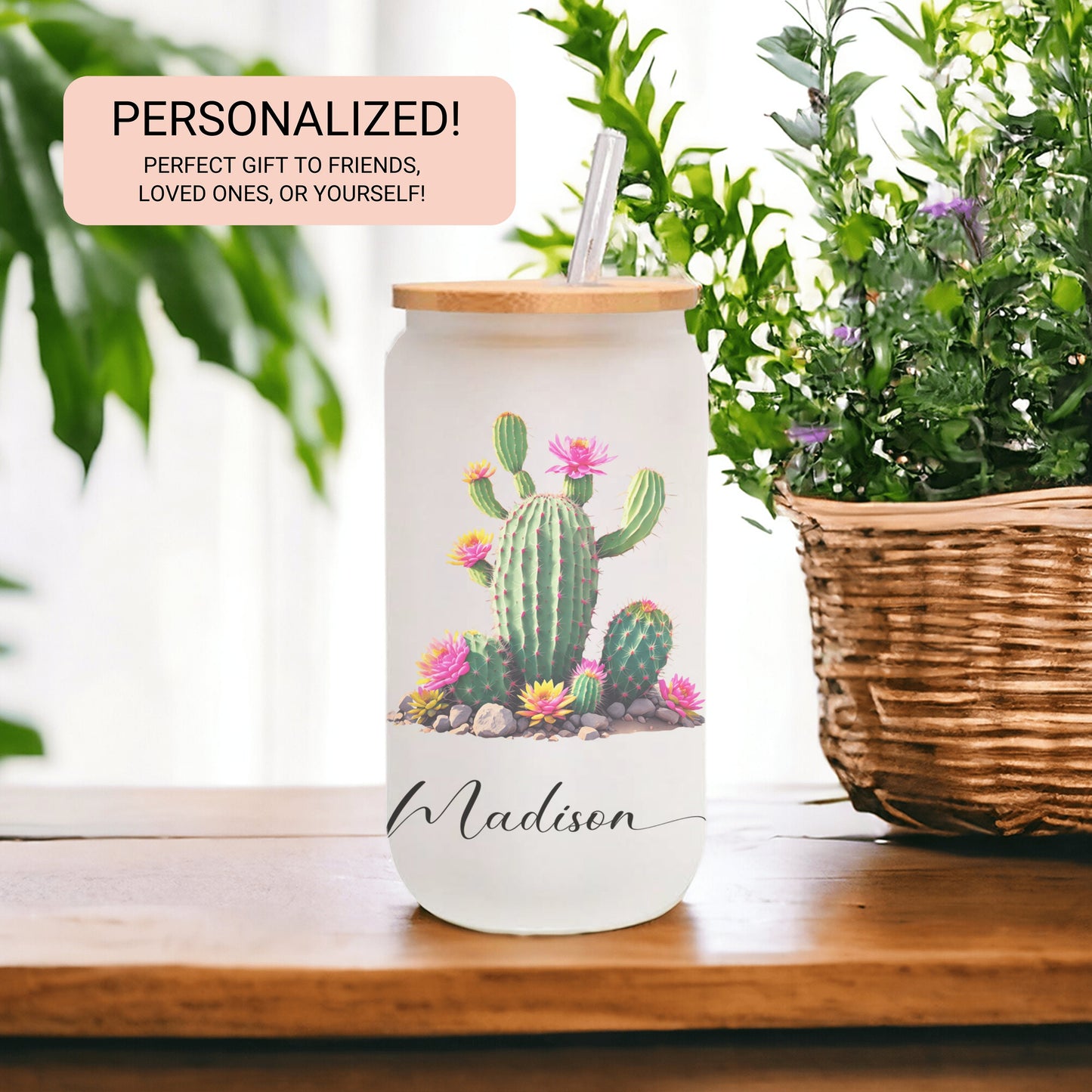 Personalized Cactus Frosted Glass Cup - Custom Tumbler for Iced Coffee Lovers