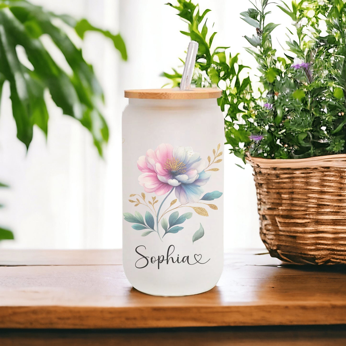Custom Pastel Floral Frosted Glass Cup - Stylish Iced Coffee Tumbler