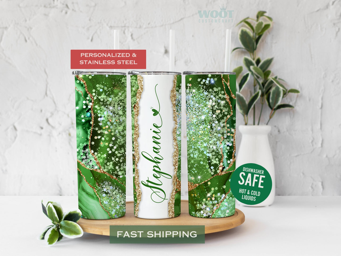 Personalized Green Agate Tumbler - Custom Name Gift for Her or Bridesmaid
