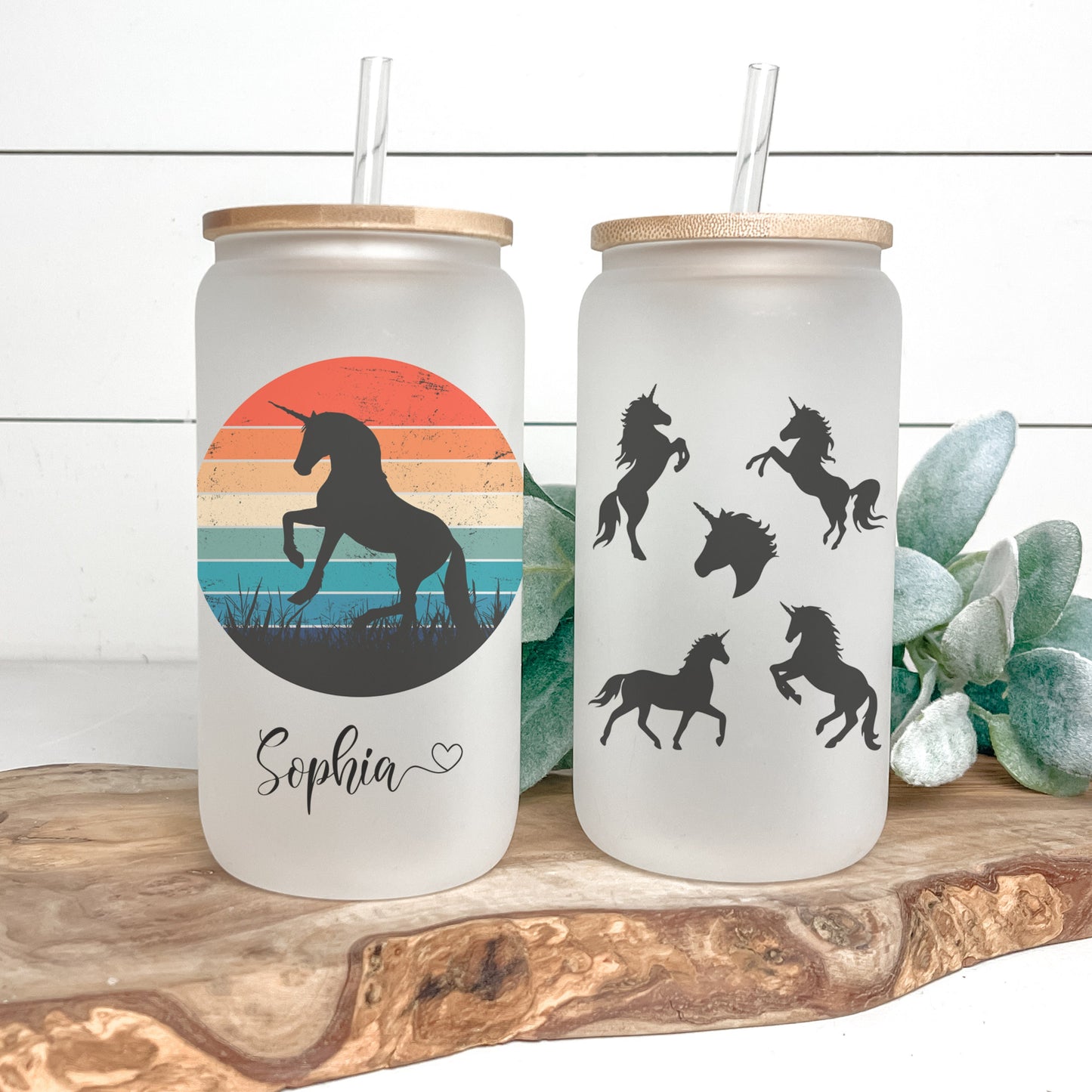 Personalized Unicorn Sunset Glass Cup - Custom Frosted Iced Coffee Tumbler