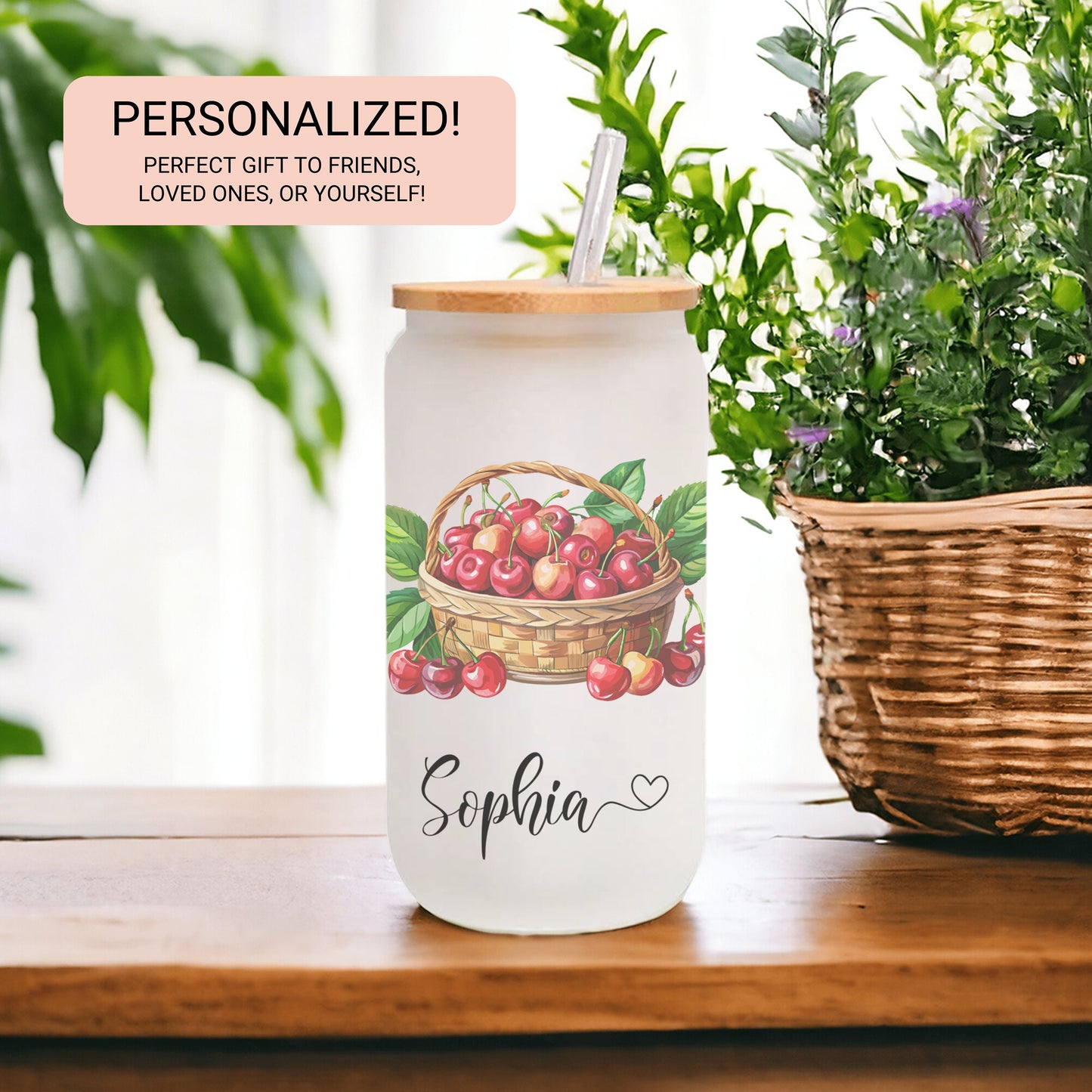 Personalized Cherry Glass Tumbler - Custom Frosted Cup for Iced Coffee Lovers