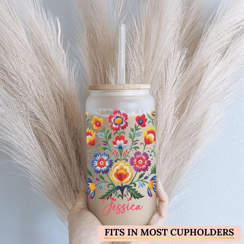 Mexican Embroidery Cup With Flowers Personalized, Mexican Embroidery Glass Cup, Custom Mexican Embroidery Frosted Glass Cup, Latina Gift Cup