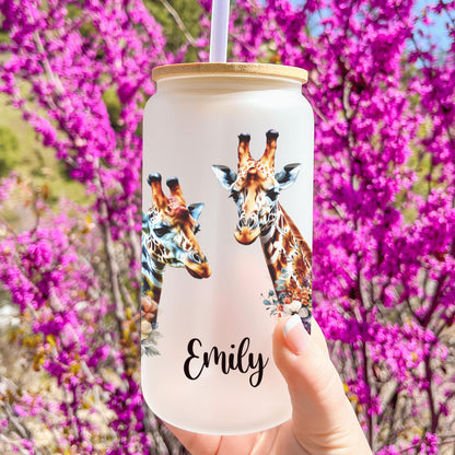Personalized giraffe glass cup with frosted finish ideal for those who love humorous and animal-themed drinkware