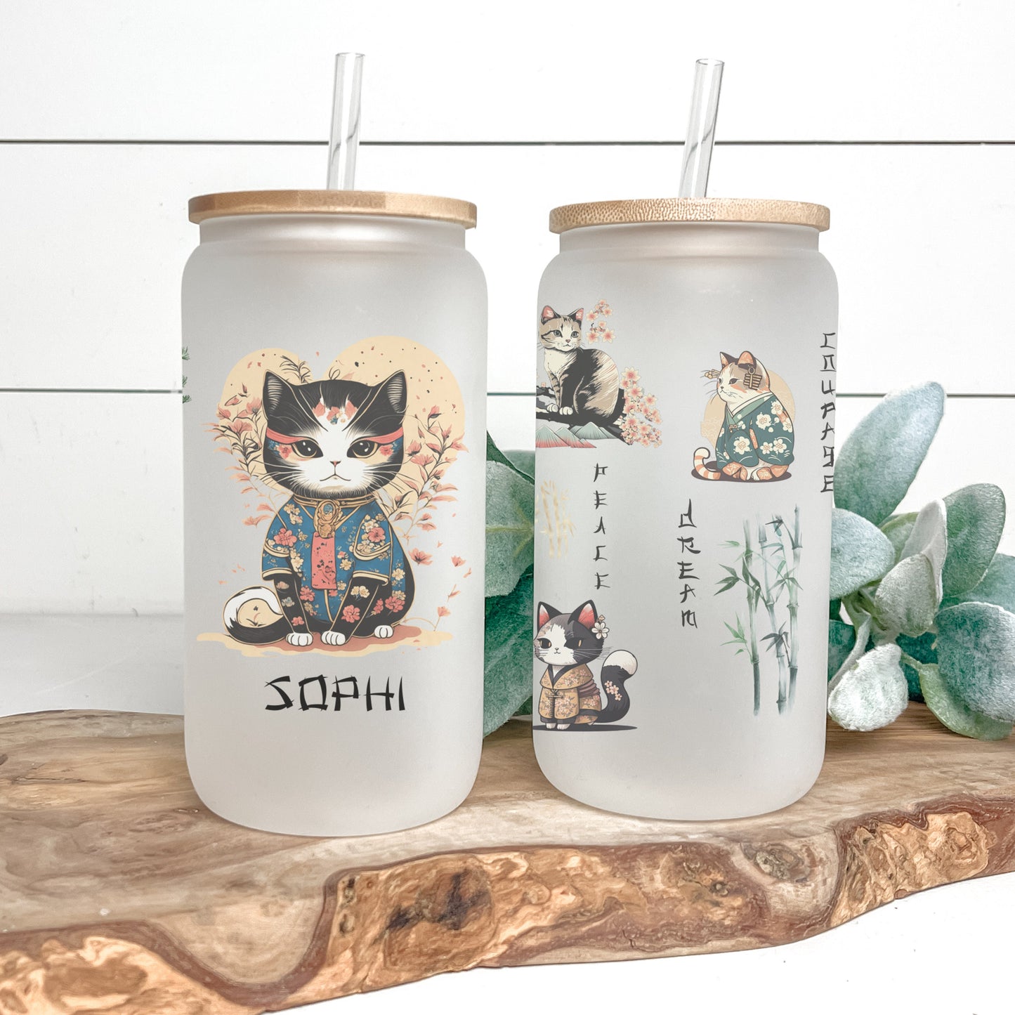 Personalized Japanese Cat Glass Tumbler - Custom Iced Coffee Gift for Cat Lovers