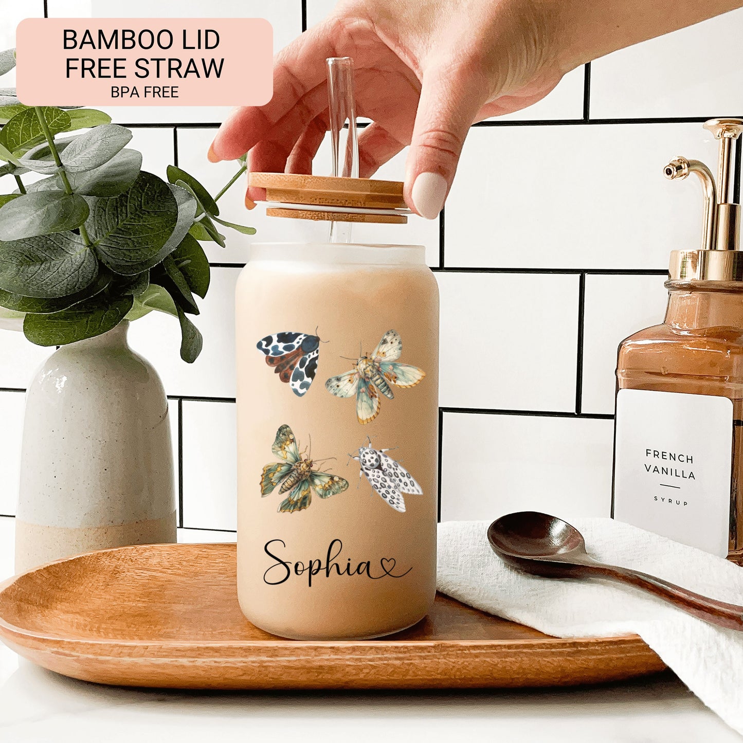 Personalized Moth Glass Cup - Custom Iced Coffee Tumbler for Lovers