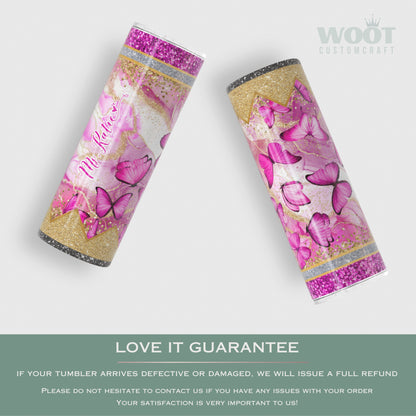 Personalized Teacher Butterfly Glitter Tumbler - Pink Pencil Travel Cup Gift for Educators