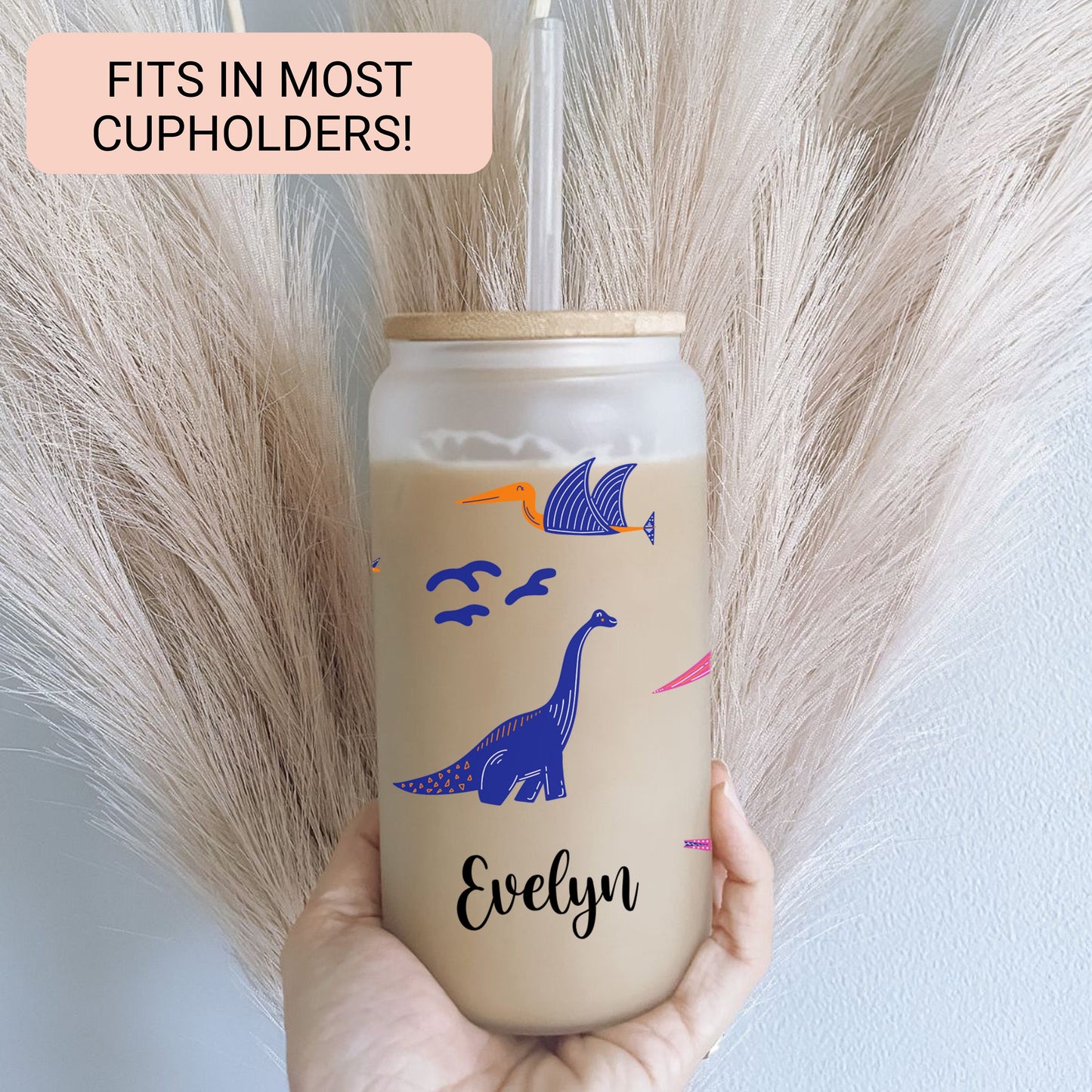 Personalized Dinosaur Frosted Glass Tumbler - Unique Iced Coffee Gift