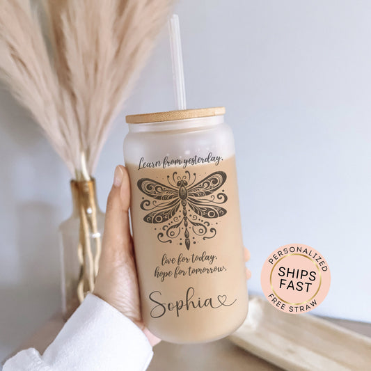 Personalized Dragonfly Glass Cup - Custom Frosted Coffee Mug with Quote