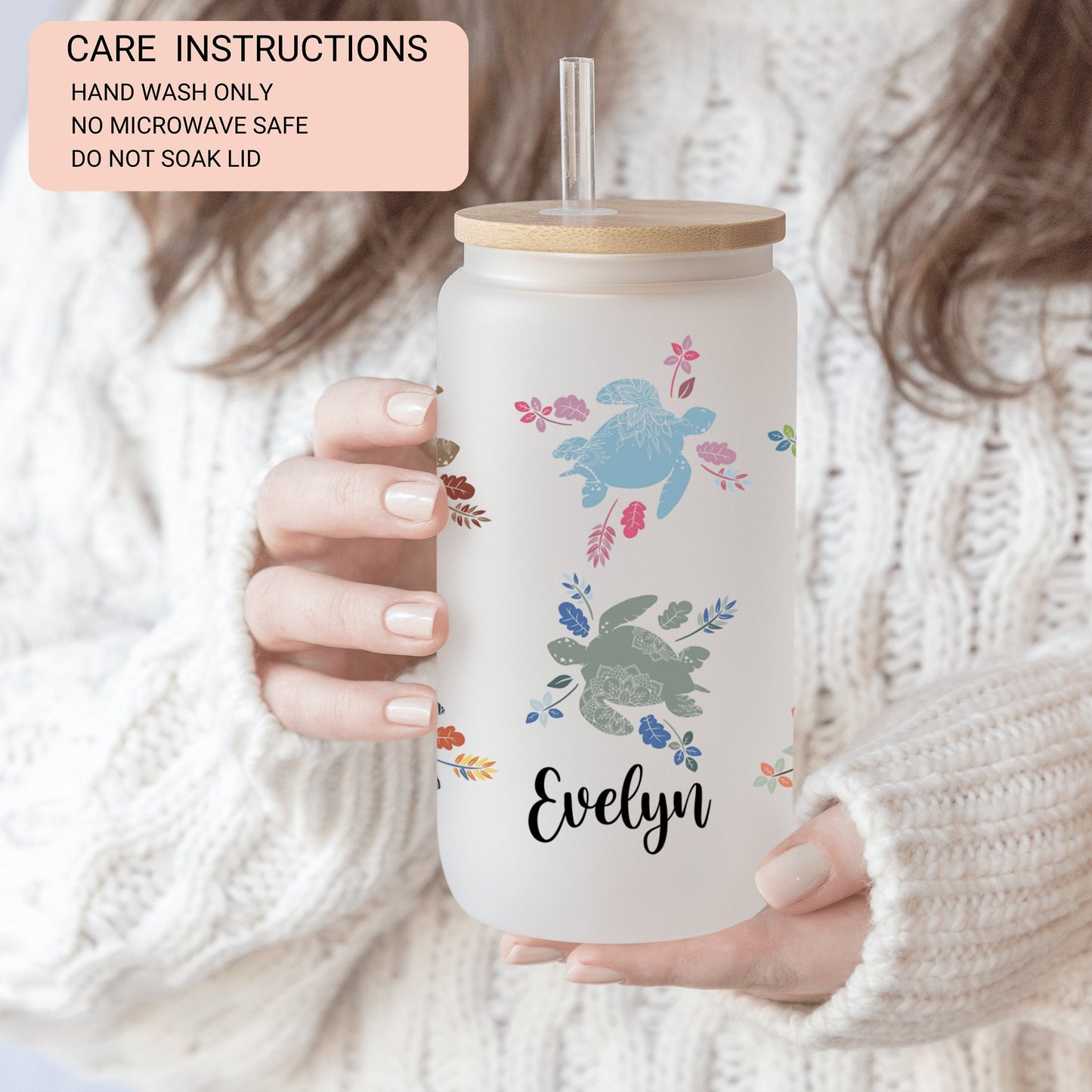 Personalized Mandala Turtle Frosted Glass Cup - Tumbler Gift for Turtle Lovers