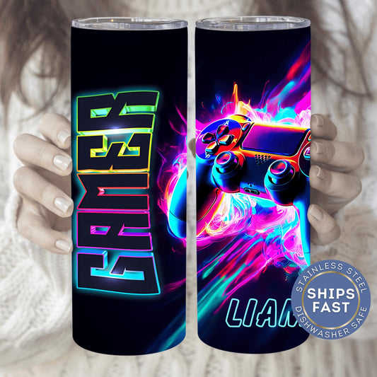 Personalized PlayStation gift tumbler with neon name perfect for gamers ideal for birthdays or special occasions a unique gaming room accessory