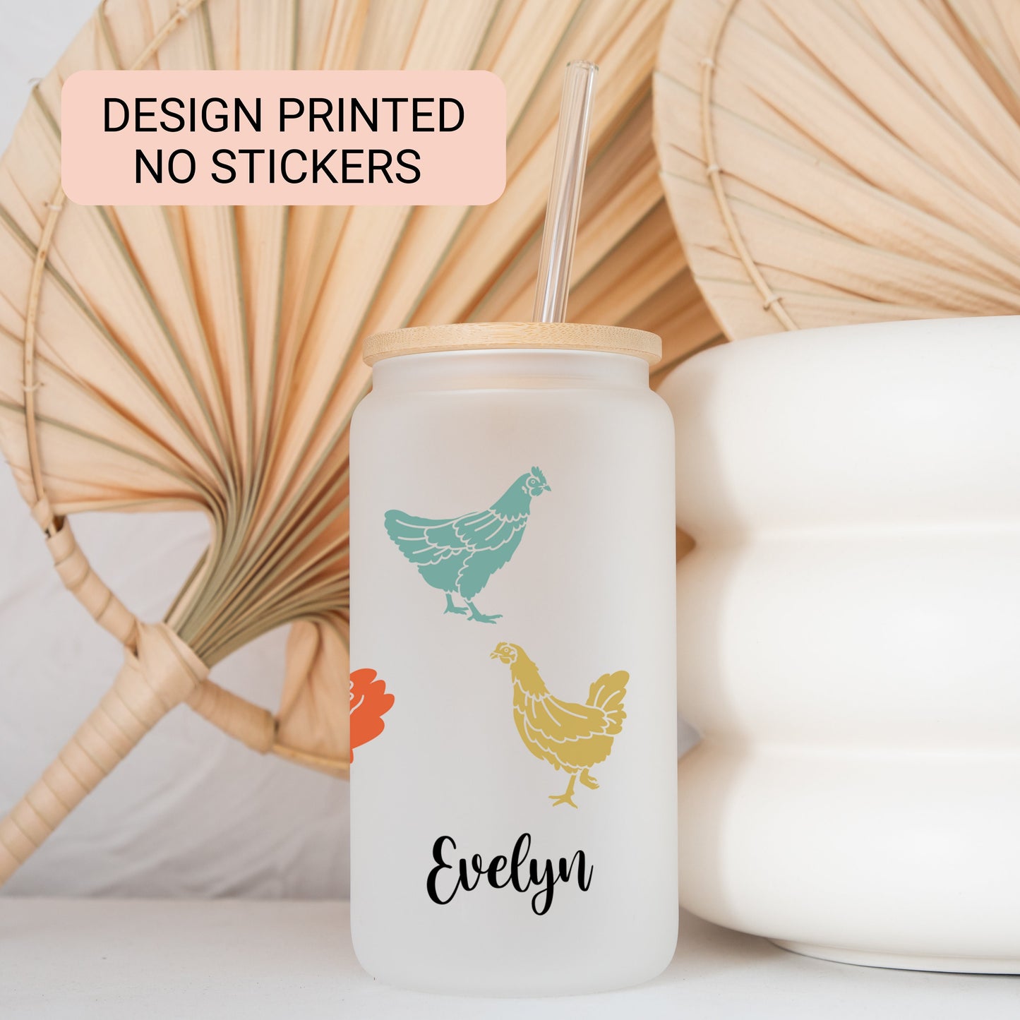 Personalized Chicken Frosted Glass Tumbler - Custom Iced Coffee Cup Gift