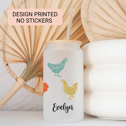 Personalized Chicken Frosted Glass Tumbler - Custom Iced Coffee Cup Gift