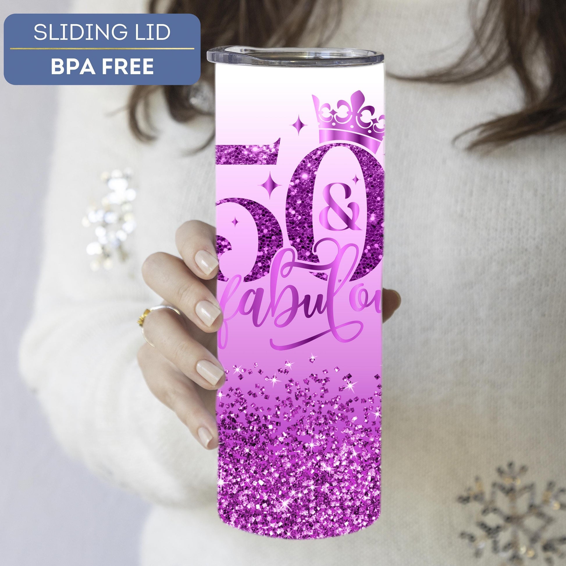 50th birthday gift personalized tumbler featuring the phrase 50 and Fabulous perfect for celebrating milestone birthdays for women