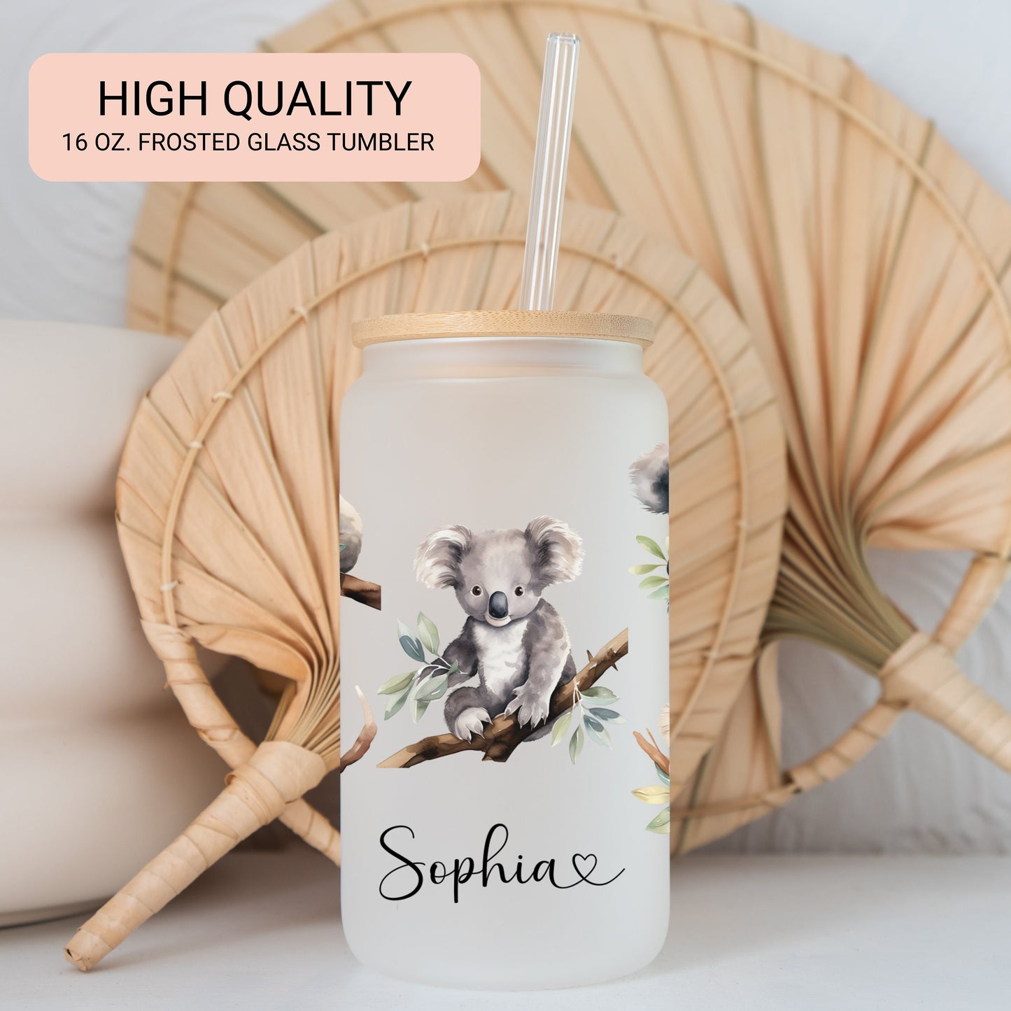 Personalized Koala Frosted Glass Cup - Custom Koala Tumbler for Iced Coffee Perfect Koala Gift