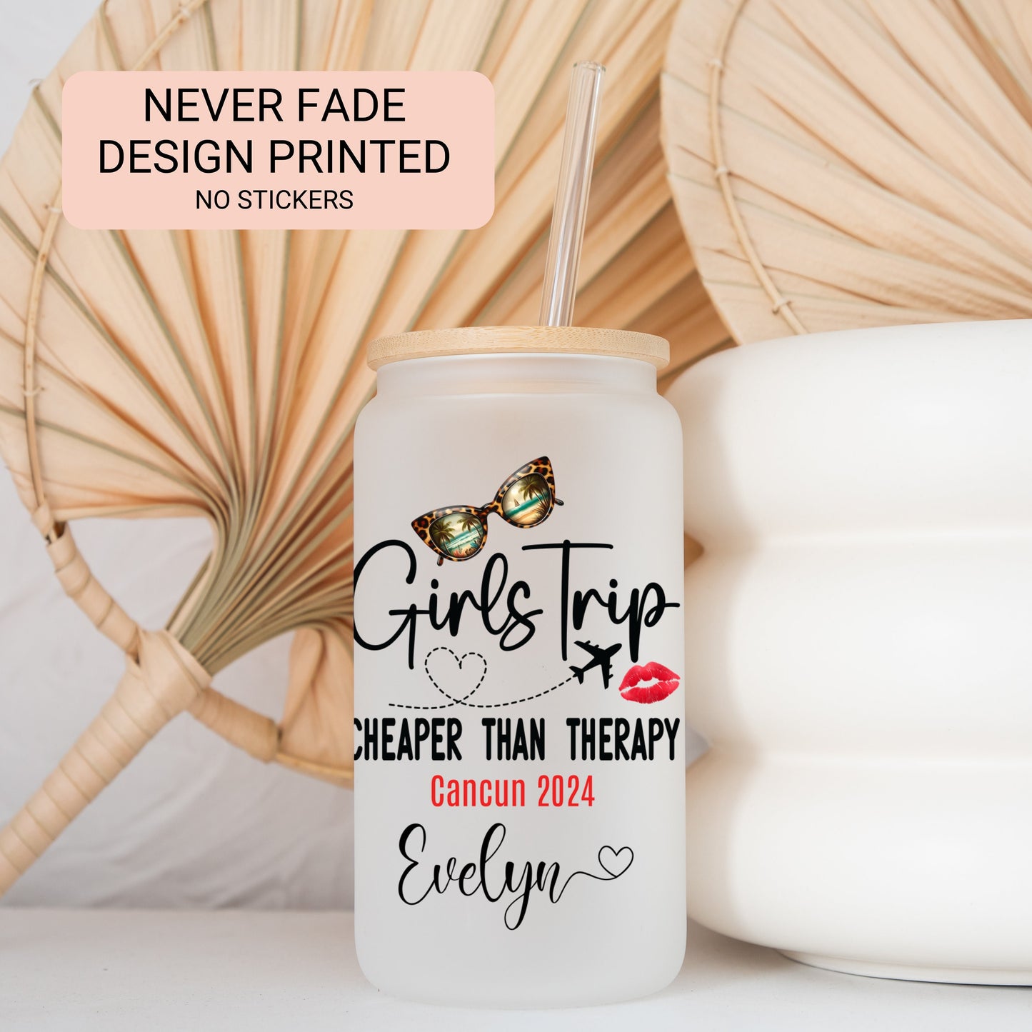 Personalized Girls Trip Frosted Glass Tumbler - Custom Iced Coffee Cup for Travel Memories