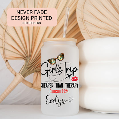 Personalized Girls Trip Frosted Glass Tumbler - Custom Iced Coffee Cup for Travel Memories