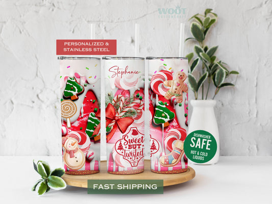 Three tumblers are showing all sides of a Christmas Holiday Tumbler. There is Candy Cane, Gingerbread, a text that says Sweet but Twisted Candy Cane, and the personalized name on the top of the tumbler where there are sweet drips.
