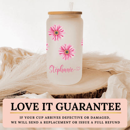 Custom daisy frosted glass cup designed for floral enthusiasts looking for a stylish and unique drinkware option