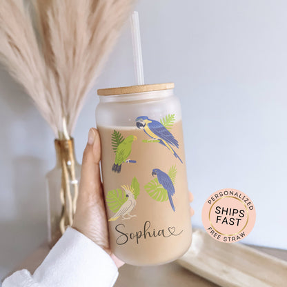 Personalized Parrot Frosted Glass Tumbler - Custom Tropical Iced Coffee Cup for Bird Lovers
