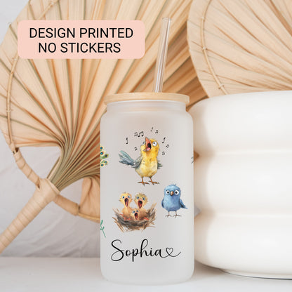 Personalized Funny Bird Glass Cup - Custom Frosted Tumbler for Iced Coffee