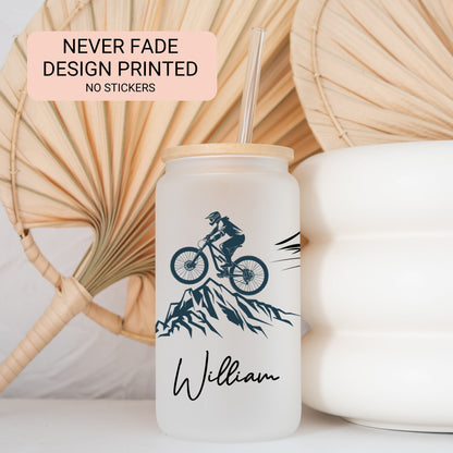 Personalized Mountain Bike Frosted Glass Cup - Custom Gift for Cycling Lovers & Enthusiasts