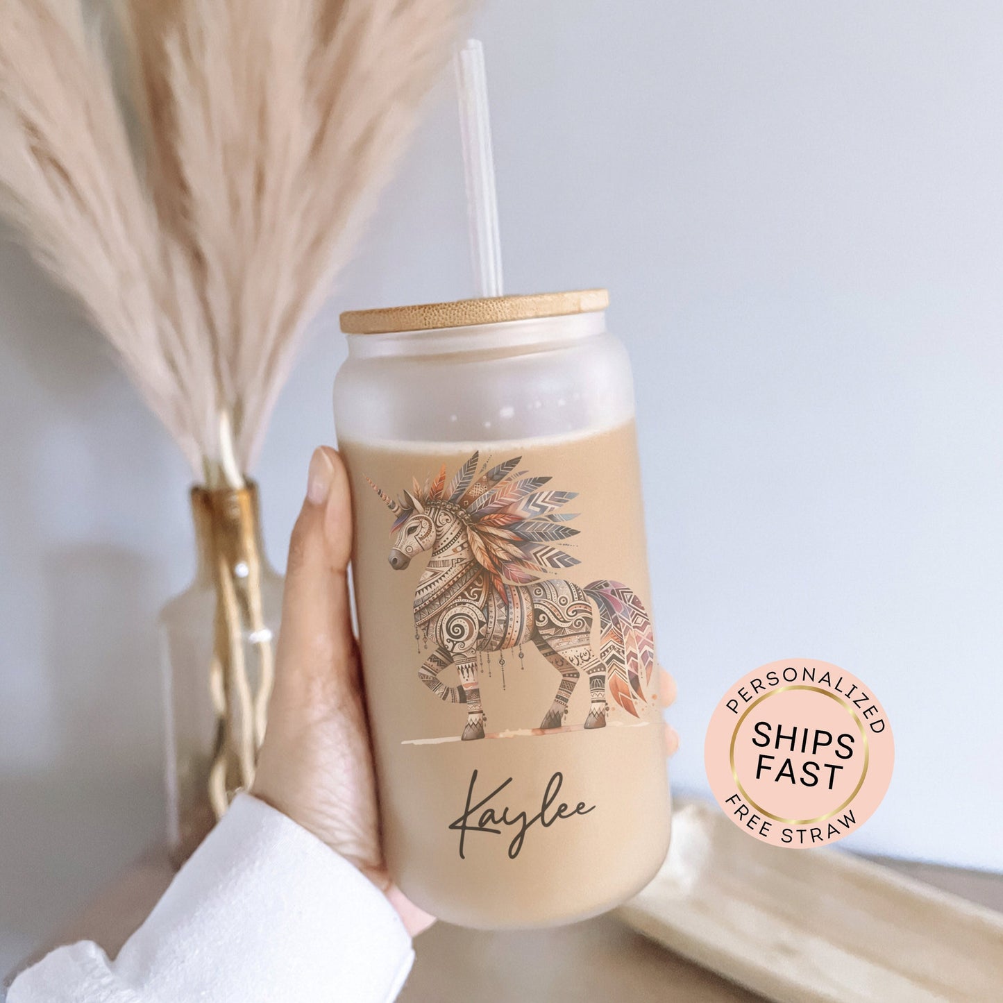 Personalized Unicorn Frosted Glass Cup - Custom Native Unicorn Tumbler for Iced Coffee Lovers
