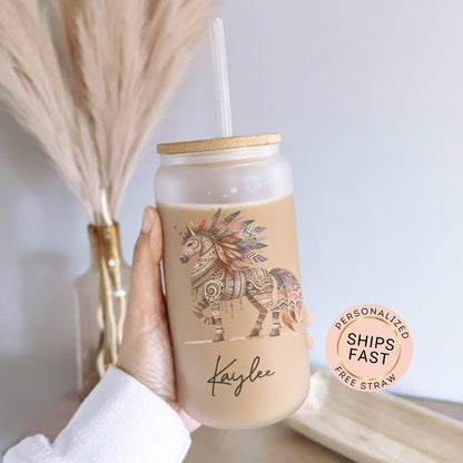 Personalized Unicorn Frosted Glass Cup - Custom Native Unicorn Tumbler for Iced Coffee Lovers