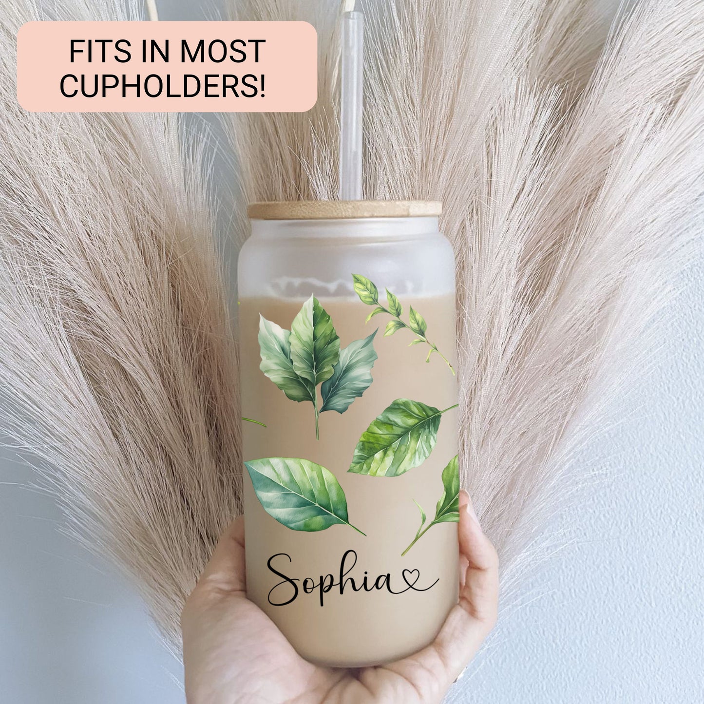 Personalized Green Leaves Frosted Glass Cup - Iced Coffee Tumbler