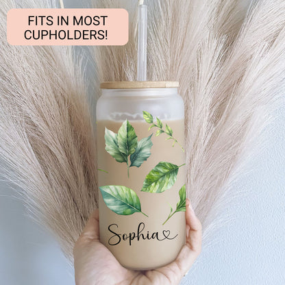 Personalized Green Leaves Frosted Glass Cup - Iced Coffee Tumbler