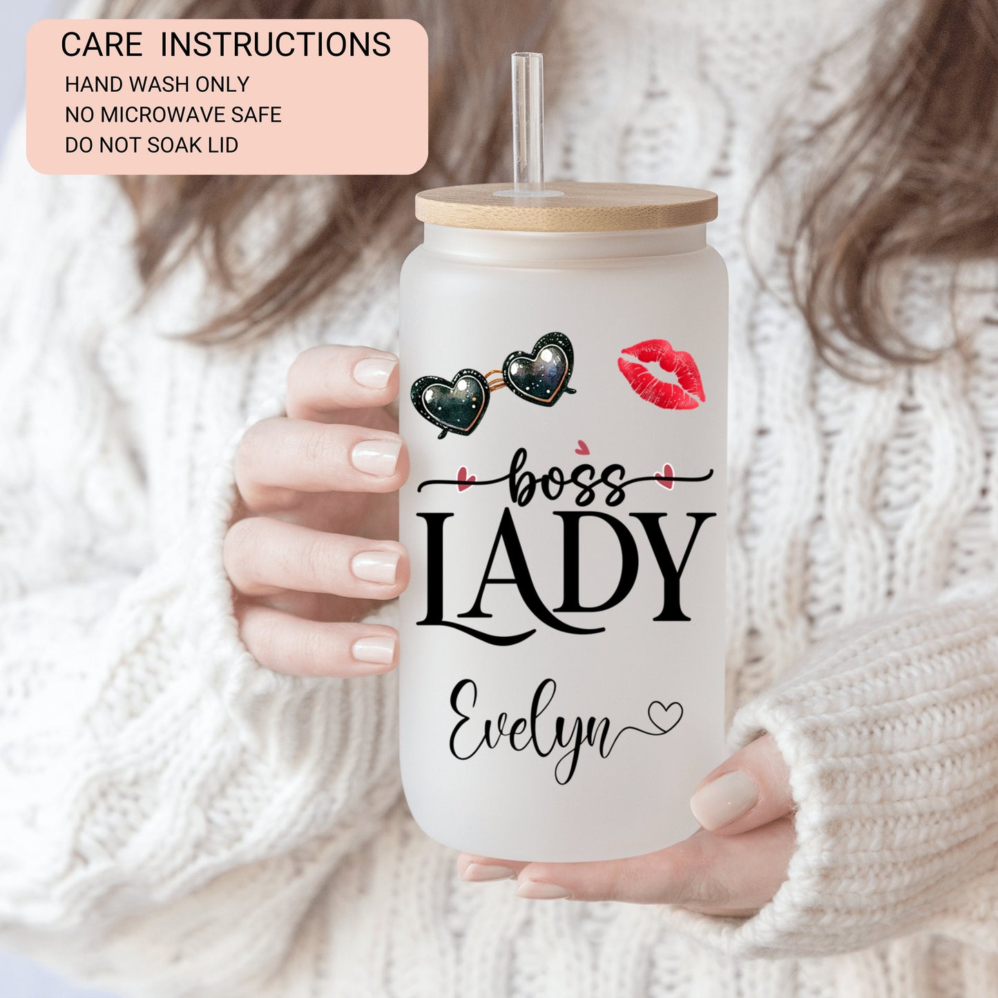 Lady Boss Cup Personalized, Lady Boss Glass Cup, Custom Lady Boss Frosted Glass Cup, Lady Boss Glass Tumbler, Lady Boss Iced Coffee Cup