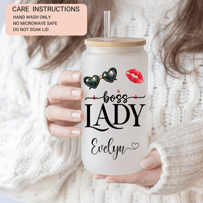 Lady Boss Cup Personalized, Lady Boss Glass Cup, Custom Lady Boss Frosted Glass Cup, Lady Boss Glass Tumbler, Lady Boss Iced Coffee Cup