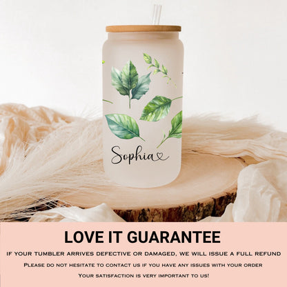 Personalized Green Leaves Frosted Glass Cup - Iced Coffee Tumbler