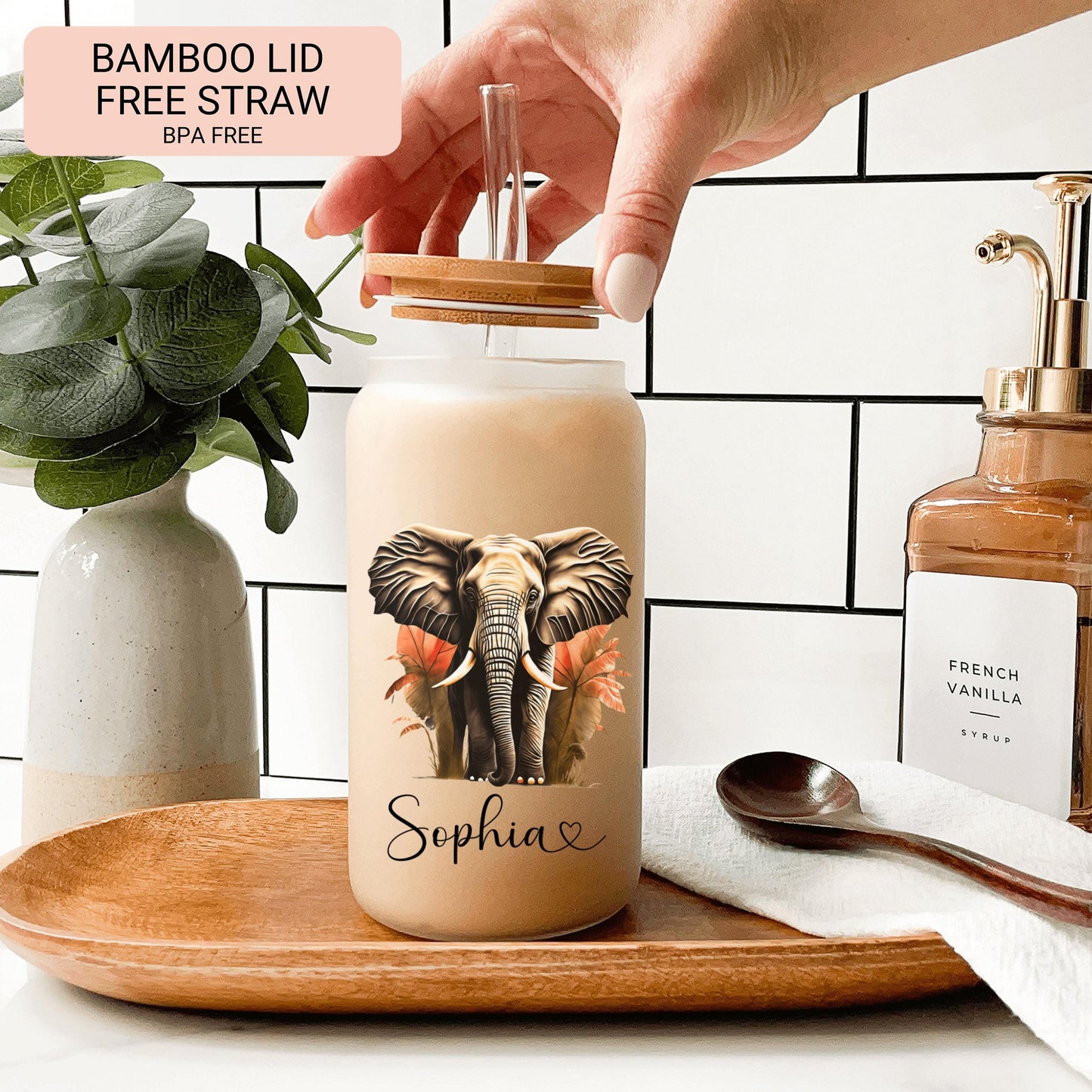 Personalized Elephant Glass Cup - Custom Frosted Iced Coffee Tumbler Gift for Her