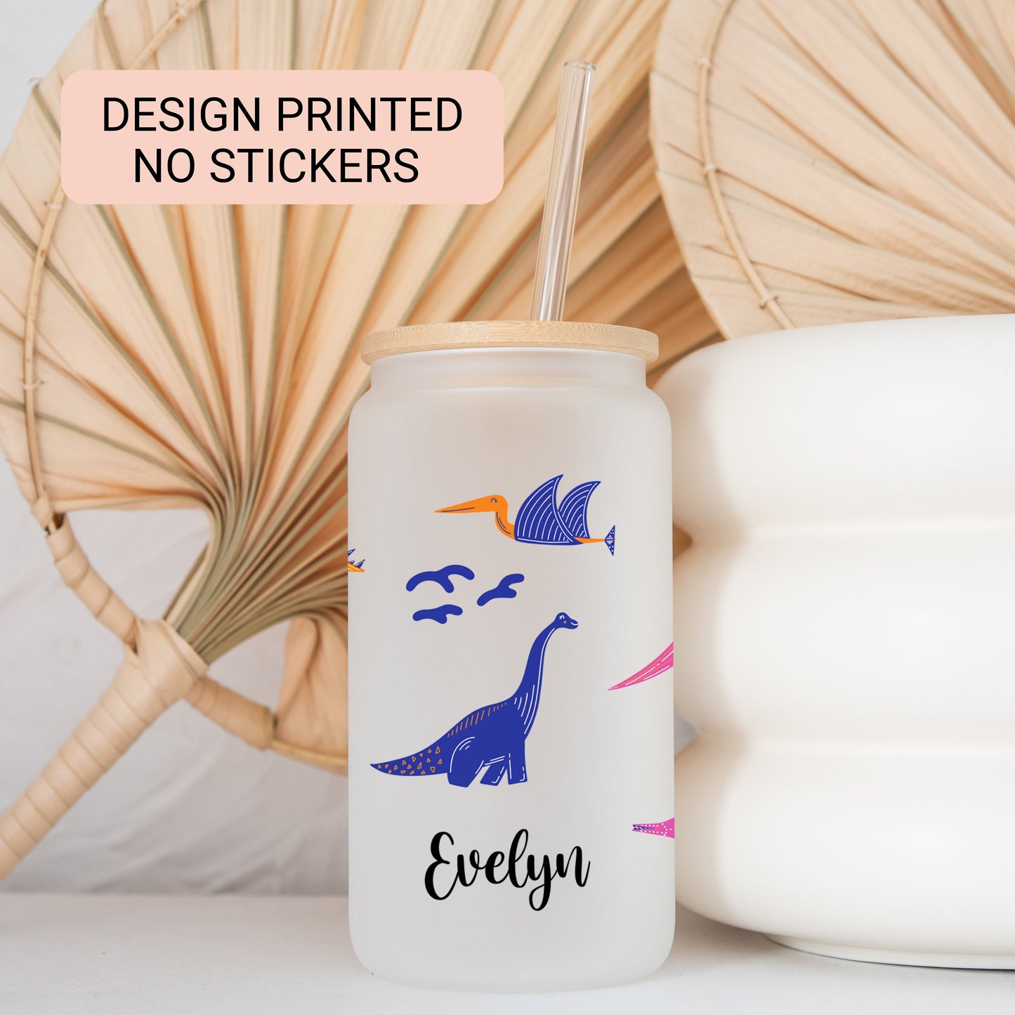 Personalized Dinosaur Frosted Glass Tumbler - Unique Iced Coffee Gift