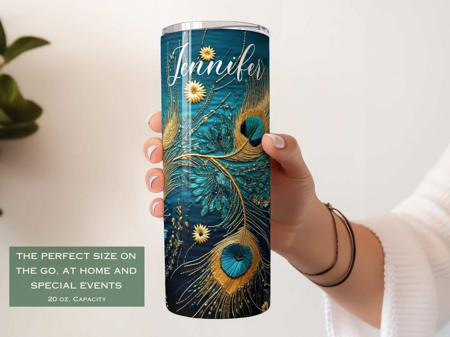 Peacock Feather Travel Cup Embroidery