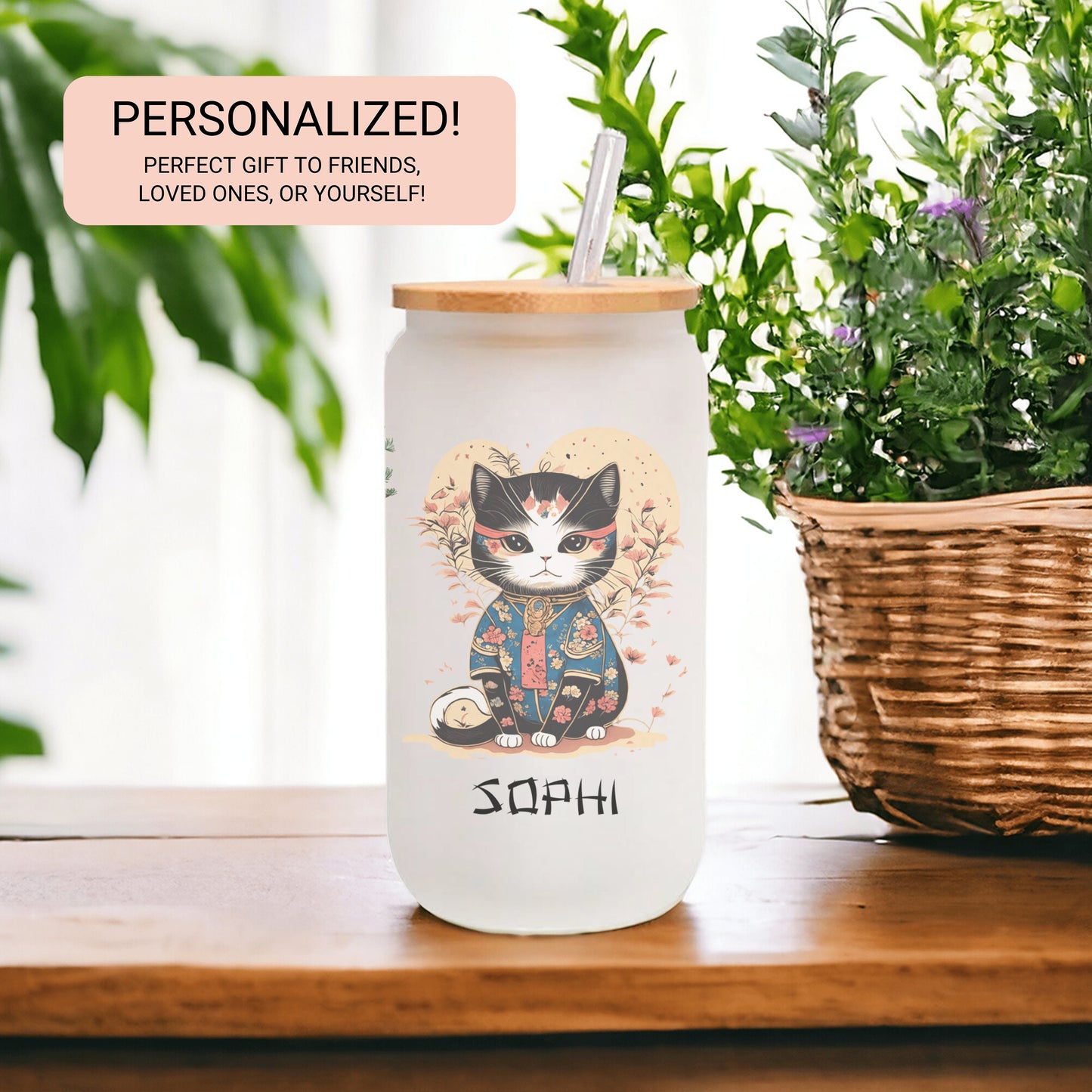 Personalized Japanese Cat Glass Tumbler - Custom Iced Coffee Gift for Cat Lovers
