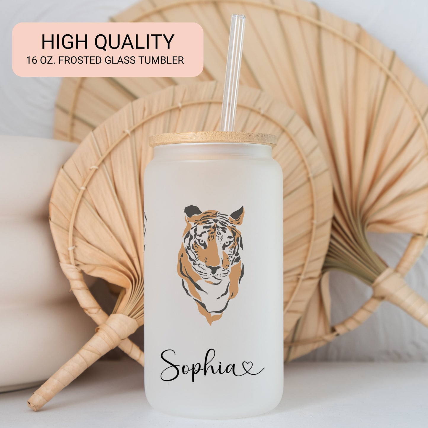 Personalized Tiger Frosted Glass Tumbler - Custom Iced Coffee Cup | Unique Gift for Tiger Lovers