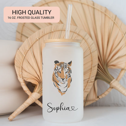Personalized Tiger Frosted Glass Tumbler - Custom Iced Coffee Cup | Unique Gift for Tiger Lovers