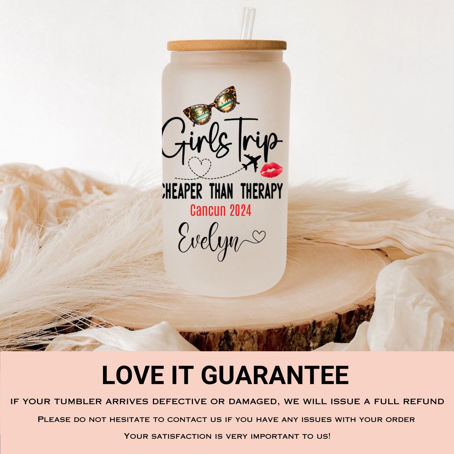 Personalized Girls Trip Frosted Glass Tumbler - Custom Iced Coffee Cup for Travel Memories