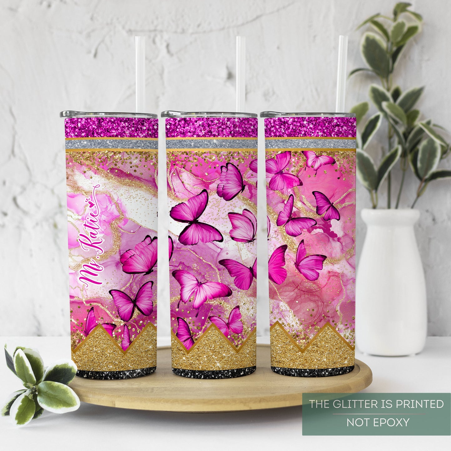 Personalized Teacher Butterfly Glitter Tumbler - Pink Pencil Travel Cup Gift for Educators