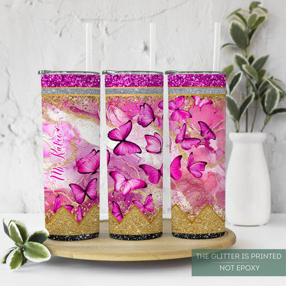 Personalized Teacher Butterfly Glitter Tumbler - Pink Pencil Travel Cup Gift for Educators