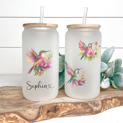 Personalized Pink Bird Gift Idea Mom Cup Hummingbird Frosted Glass Cup