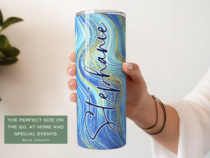 Personalized Blue Glitter Swirl Tumbler - Mothers Day or Bridesmaid Gift