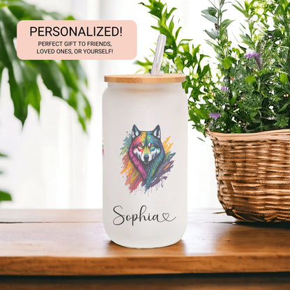 Personalized Wolf Frosted Glass Tumbler - Custom Iced Coffee Cup for Wolf Lovers