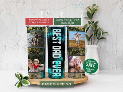 2 Tumblers shows all sides of a Best Dad Ever Tumbler with pictures.