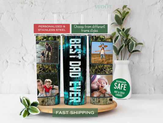 2 Tumblers shows all sides of a Best Dad Ever Tumbler with pictures.